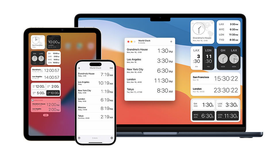 World Clock Widgets app running on a Mac, an iPhone, and an iPad.