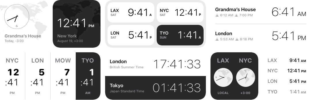 Screenshots of various World Clock widgets.