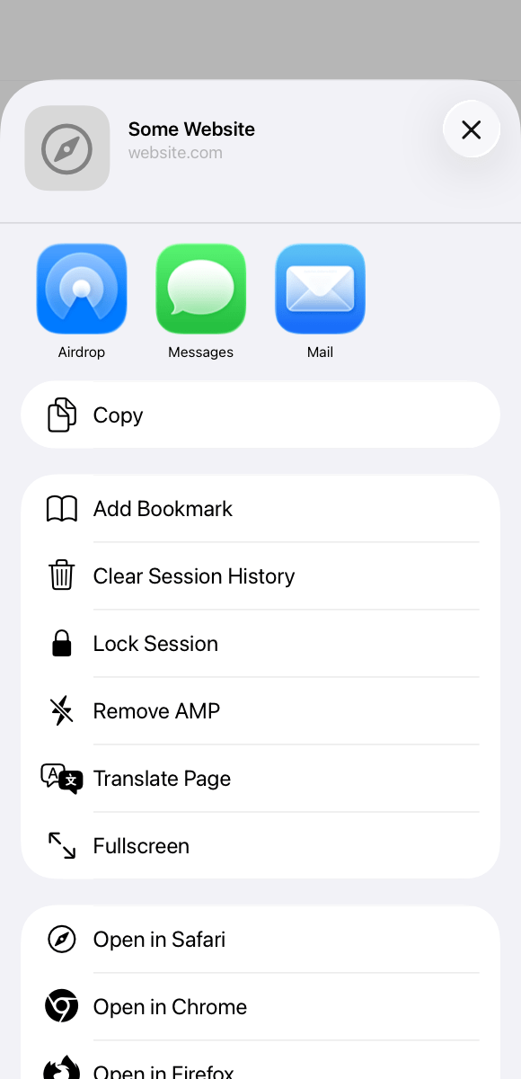 Screenshot of Incognito browser with its powerful actions including clearing history, removing AMP, translating text, opening in Firefox, and more.