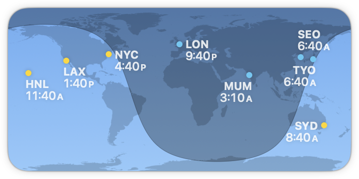 Screenshot of the World Map widget, showing a map of the world with the solar terminator (sunlight and shadow) stretching over 8 cities around the map: Honolulu, LA, New York, London, Mumbai, Tokyo, Seoul, and Sydney. Each city shows its local time.